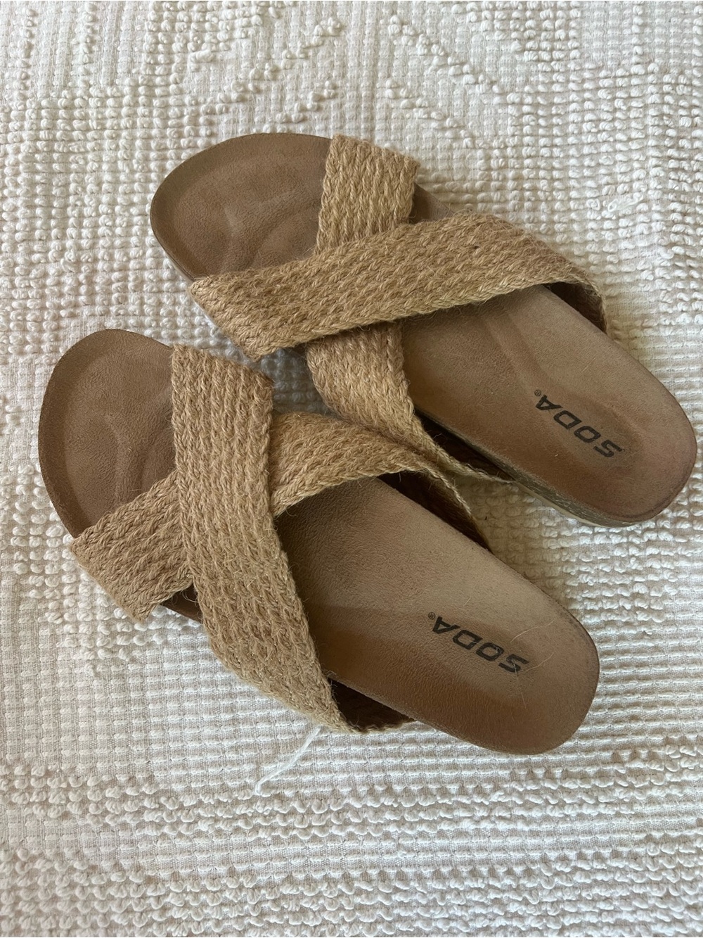 Soda Natural Tan Woven Crisscross Slide Sandals